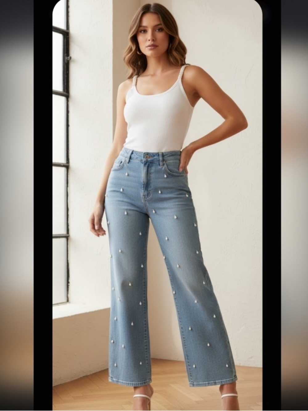 L/C Rhinestone with Pearls Embellished Light Blue Wide-Leg Jeans S